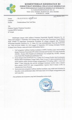 Pemberitahuan Pola Tarif Baru Pelayanan BPFK Surabaya 